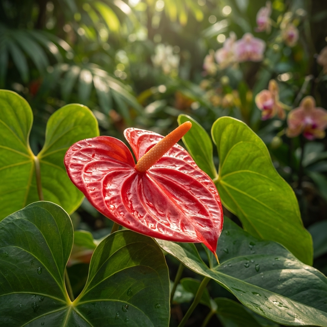 Anthurium ‘Bugatti Royale’ - Anthurium hybrid features striking red flowers and glossy green leaves, making it a rare and stunning choice as an indoor feature plant or an eye-catching highlight in any sunlit garden.