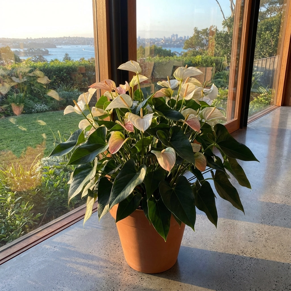 Anthurium White Winner - Anthurium hybrid, a flowering indoor plant with pale pink and white blooms, is placed by a sunlit window overlooking the garden and water view outside.