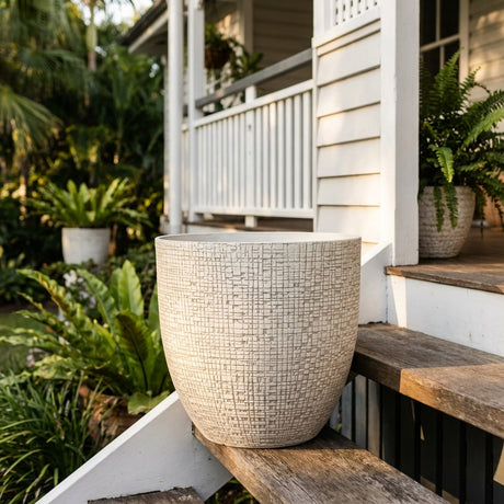 Antique White Riley Egg Pot (multiple sizes) displayed on wooden porch steps, surrounded by green plants with a white house in the background.