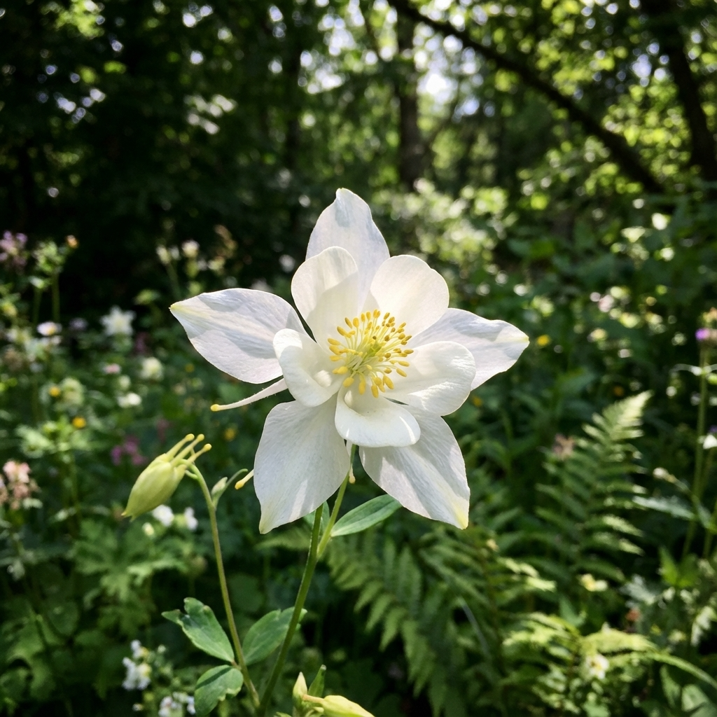 Aquilegia ‘White’ Columbine (Aquilegia vulgaris), a classic cottage garden perennial, displays elegant white blooms in a sun-dappled forest clearing.
