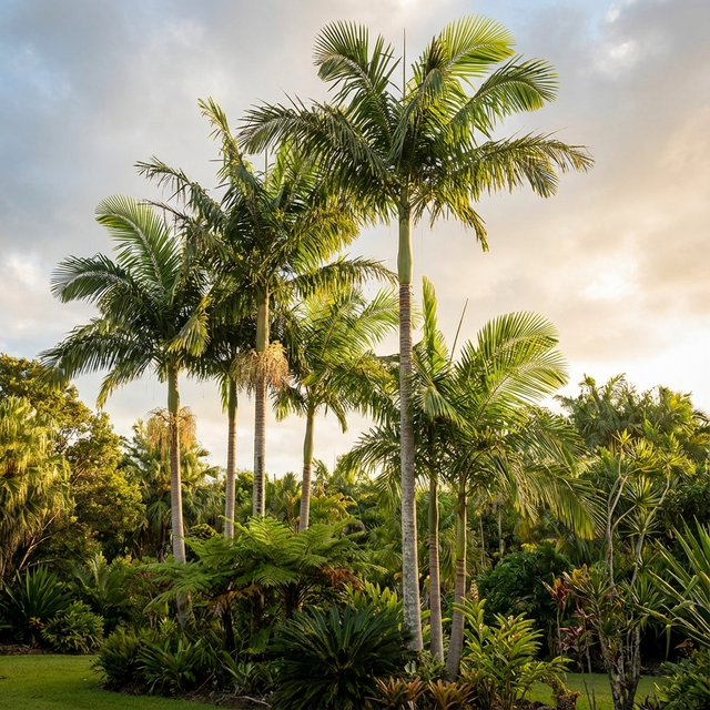 The Alexander Palm (Archontophoenix alexandrae), surrounded by lush greenery, creates a stunning focal point in tropical landscapes beneath a partly cloudy sunset sky.