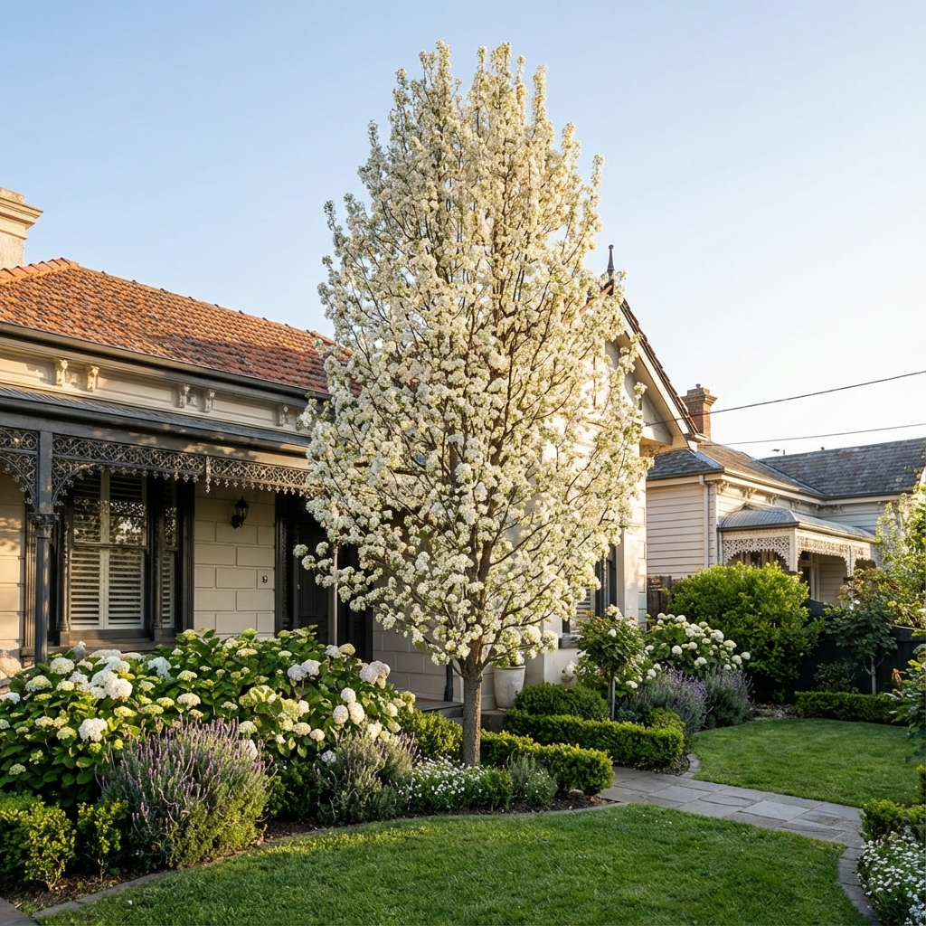 An Aristocrat Ornamental Pear (Pyrus calleryana ‘Aristocrat’), a deciduous tree with spring white blossoms, blooms in front of a charming house and a well-kept garden.