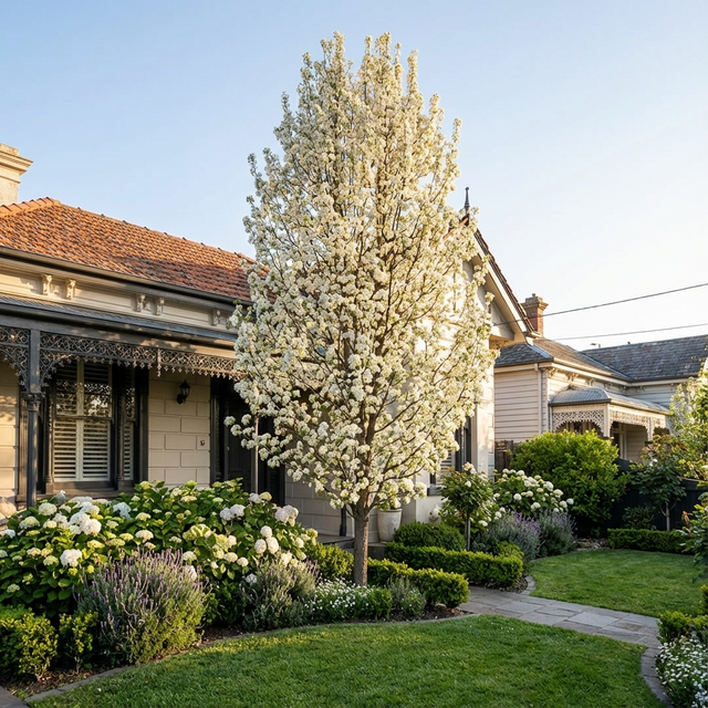 An Aristocrat Ornamental Pear (Pyrus calleryana ‘Aristocrat’) stands in the landscaped front yard at sunset, its white blooms creating an elegant focal point.