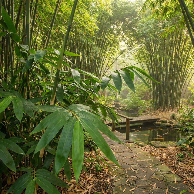 A stone path and wooden bridge wind through tall Atra Bamboo (Neololeba atra) in a lush, sunlit garden.