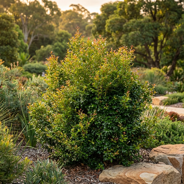 The Aussie Southern Lilly Pilly - Syzygium australe ‘Aussie Southern’ is a lush, small-leaved shrub ideal for privacy screening, thriving in landscaped gardens among rocks and other plants.