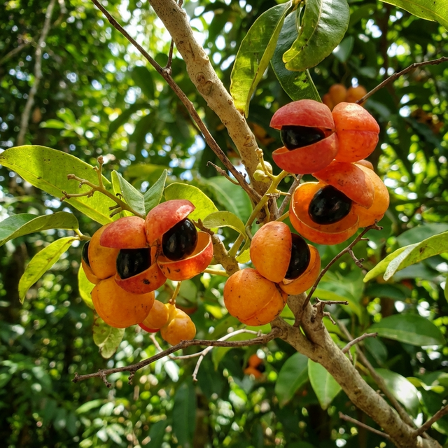 Clusters of bright orange fruit open to reveal shiny black seeds on a leafy branch of the fast-growing Australian Tulipwood Tree (Harpullia pendula).