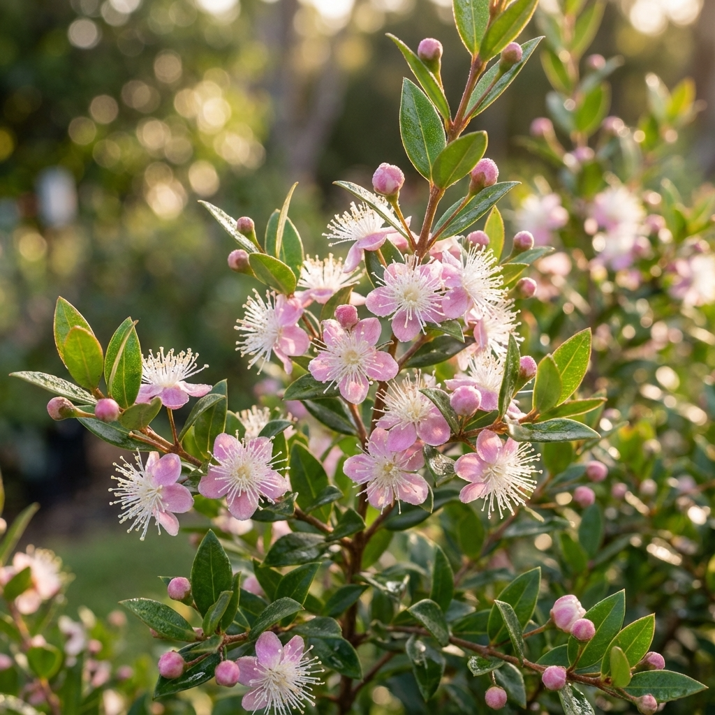 Blush Midgem Berry - Austromyrtus dulcis 'Blush' features pink myrtle flowers and green leaves blooming outdoors in sunlight. This Australian native shrub is prized for its low maintenance and beautiful blooms.