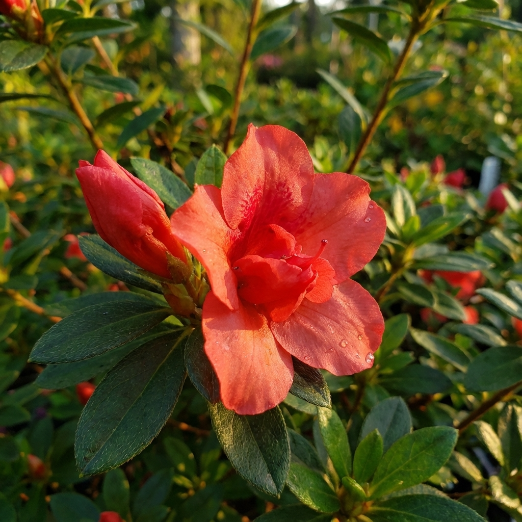 Close-up of Autumn Embers Azalea (Azalea x hybrida 'Autumn Embers') with vibrant orange-red blooms and lush green leaves in sunlight. This variety is known for repeat flowering throughout the season.