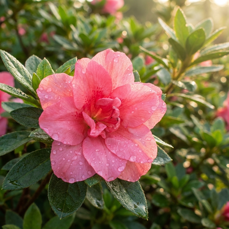 Close-up of Autumn Empress Azalea - Azalea x hybrida 'Autumn Empress', an evergreen azalea with pink blooms and glossy green leaves glistening in sunlight.