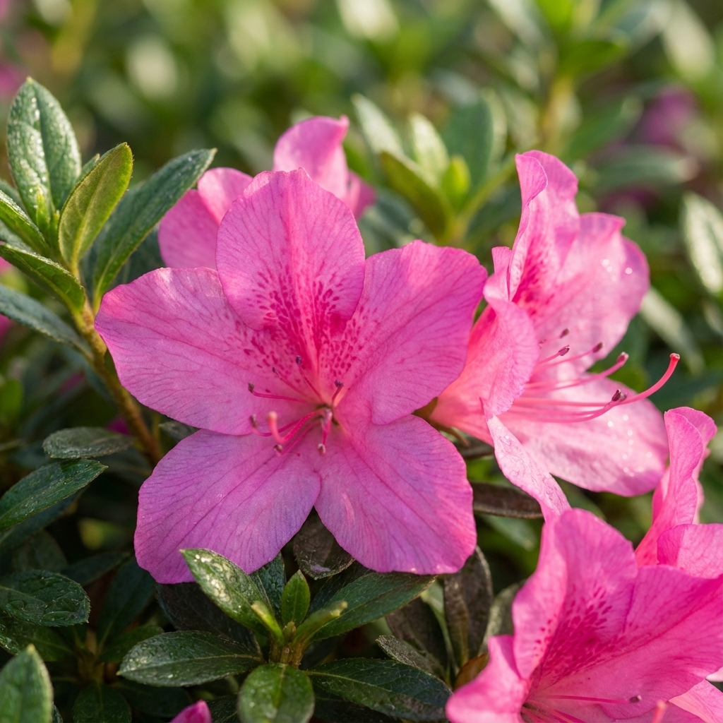 Close-up of vibrant pink Autumn Jewel Azalea (Azalea x hybrida 'Autumn Jewel') blooms, an evergreen azalea with lush green foliage glowing in sunlight.