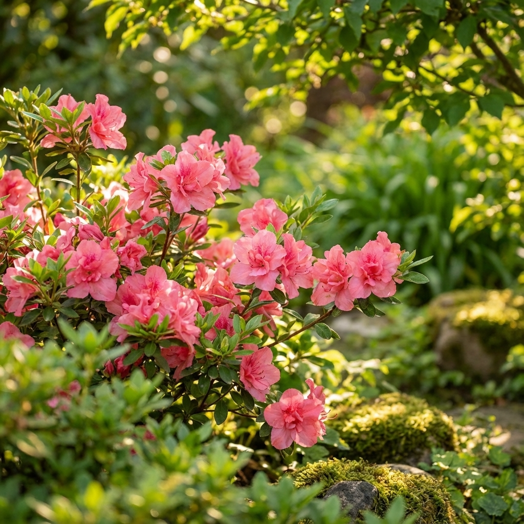 Autumn Monarch Azalea - Azalea x hybrida 'Autumn Monarch' features pink to lavender-purple blooms that brighten sunny gardens, standing out among green leaves and mossy rocks on this evergreen shrub.