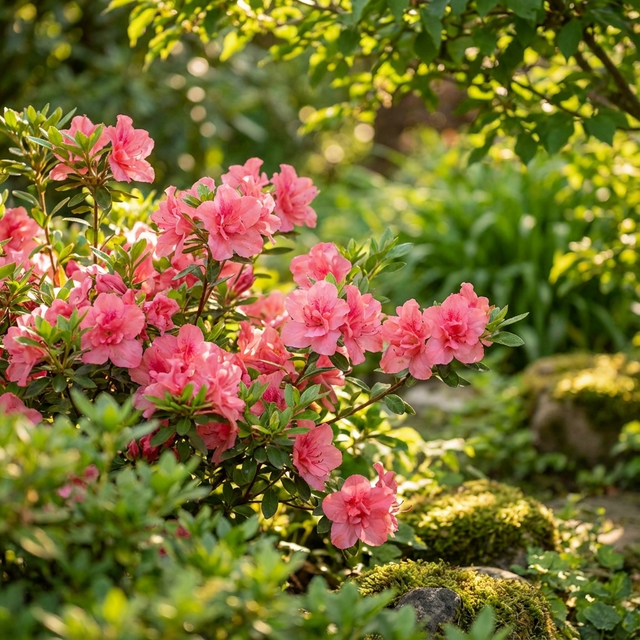 Autumn Monarch Azalea - Azalea x hybrida 'Autumn Monarch' features pink to lavender-purple blooms that brighten sunny gardens, standing out among green leaves and mossy rocks on this evergreen shrub.