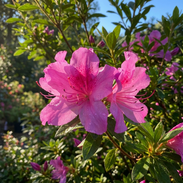 Two vibrant pink Autumn Royalty Azalea (Azalea x hybrida 'Autumn Royalty') blooms shine in the sunlight, framed by glossy green leaves. This evergreen azalea stands out with its vivid charm against a soft, blurred background of foliage.