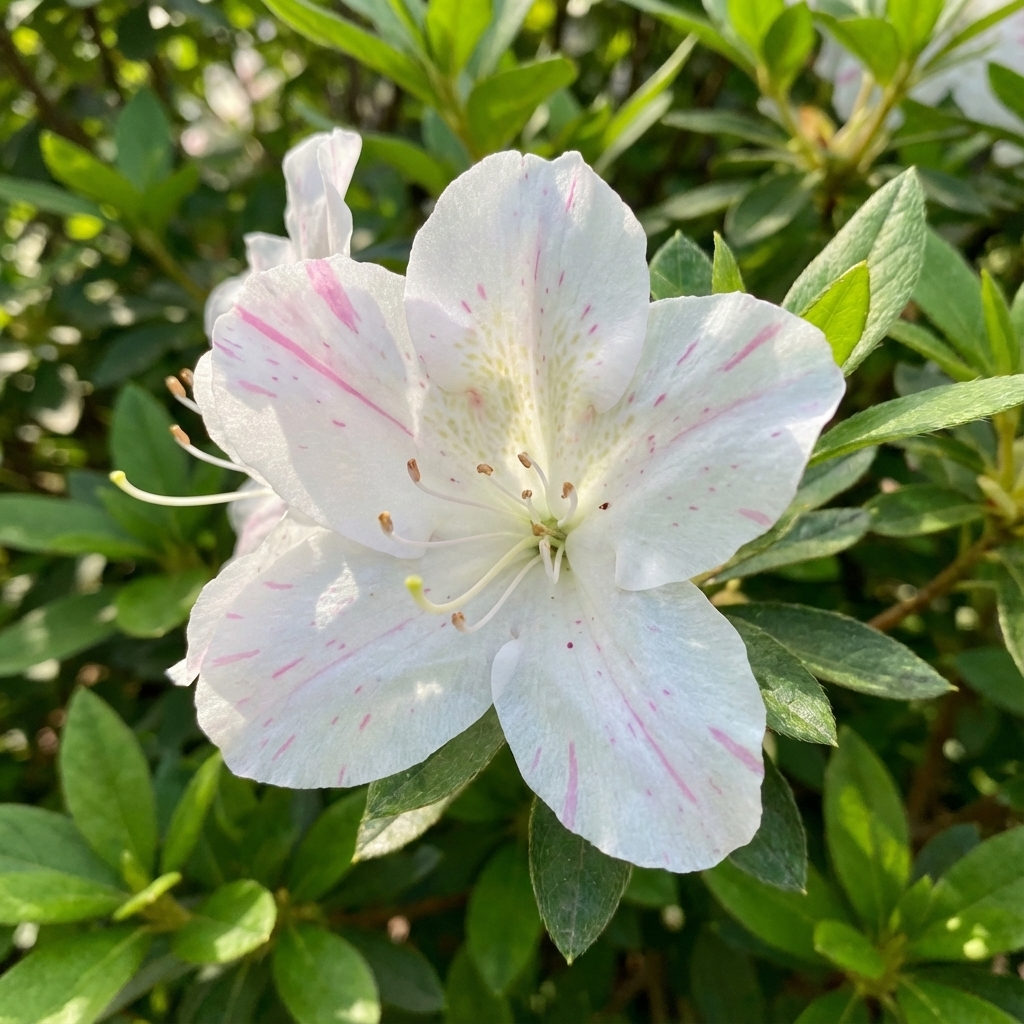Autumn Starlite Azalea - Azalea x hybrida 'Autumn Starlite' features white petals with light pink streaks and green foliage, providing a vibrant, repeat-flowering evergreen display in bright sunlight.