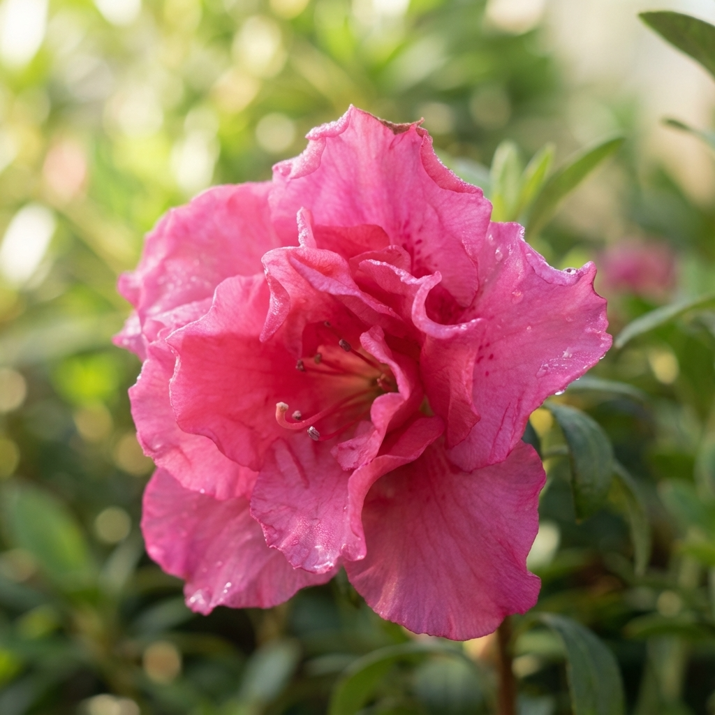 Close-up of a pink Azalea indica 'Violacea' bloom with water droplets, surrounded by green leaves of this evergreen Azalea Violacea in soft sunlight.
