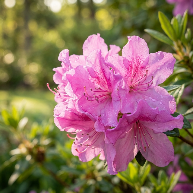 Close-up of pink Autumn Lilac Azalea - Azalea x hybrida 'Autumn Lilac' flowers with dewdrops, among green leaves in sunlight. This evergreen shrub is known for its repeat blooms and stunning floral display.