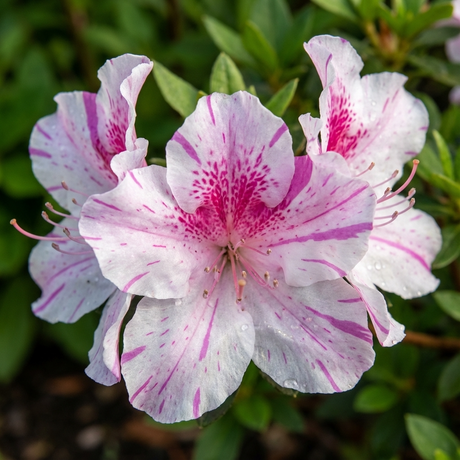 Close-up of an Autumn Twist Azalea (Azalea x hybrida 'Autumn Twist') in bloom, featuring delicate white and pink petals with green leaves in the background. This variety is an attractive evergreen azalea.