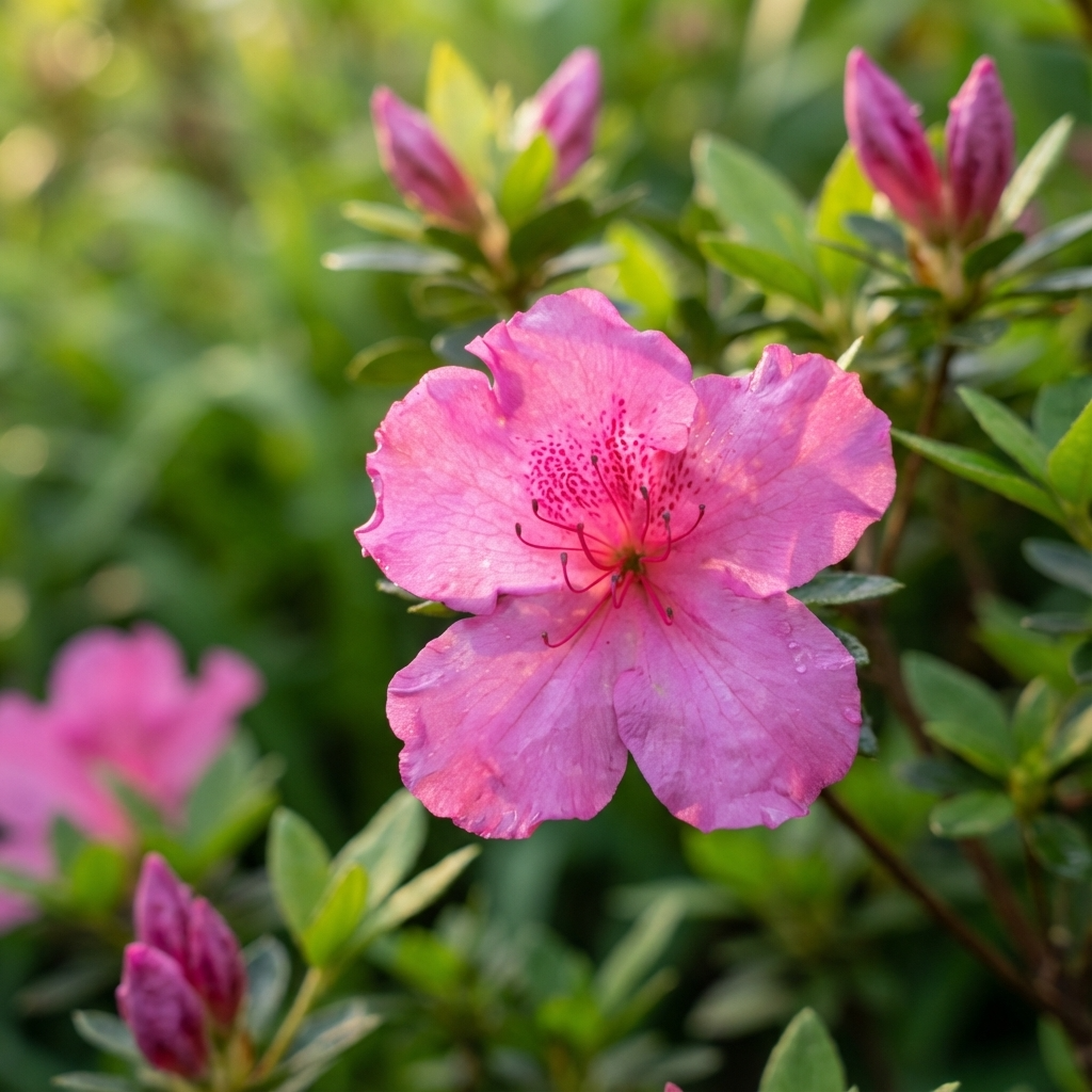 A close-up of a blooming Carnival Fanfare Azalea (Azalea indica 'Carnival Fanfare') with green leaves and buds, glowing softly in sunlight.
