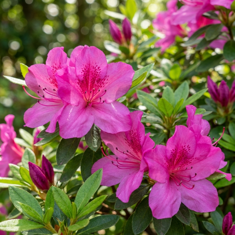 Carnival Time Azalea (Azalea indica 'Carnival Time') features bright pink flowers among green leaves. This evergreen azalea adds vibrant color and thrives in a variety of garden settings.