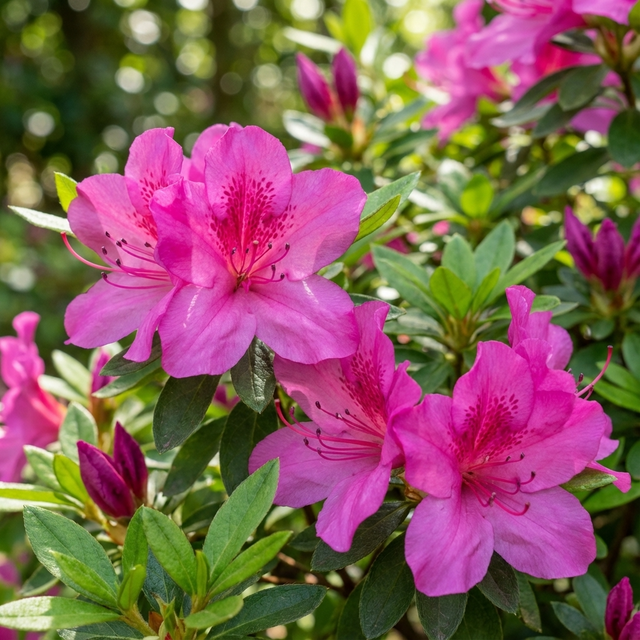 Carnival Time Azalea (Azalea indica 'Carnival Time') features bright pink flowers among green leaves. This evergreen azalea adds vibrant color and thrives in a variety of garden settings.