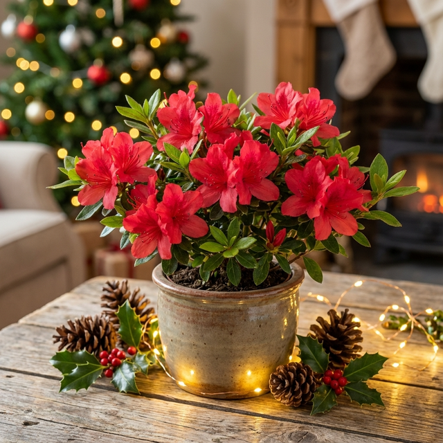 A Christmas Cheer Azalea - Azalea kurume 'Christmas Cheer' with bright pink blooms sits on a rustic table with pinecones, holly, and Christmas lights; a glowing tree shines in the background.