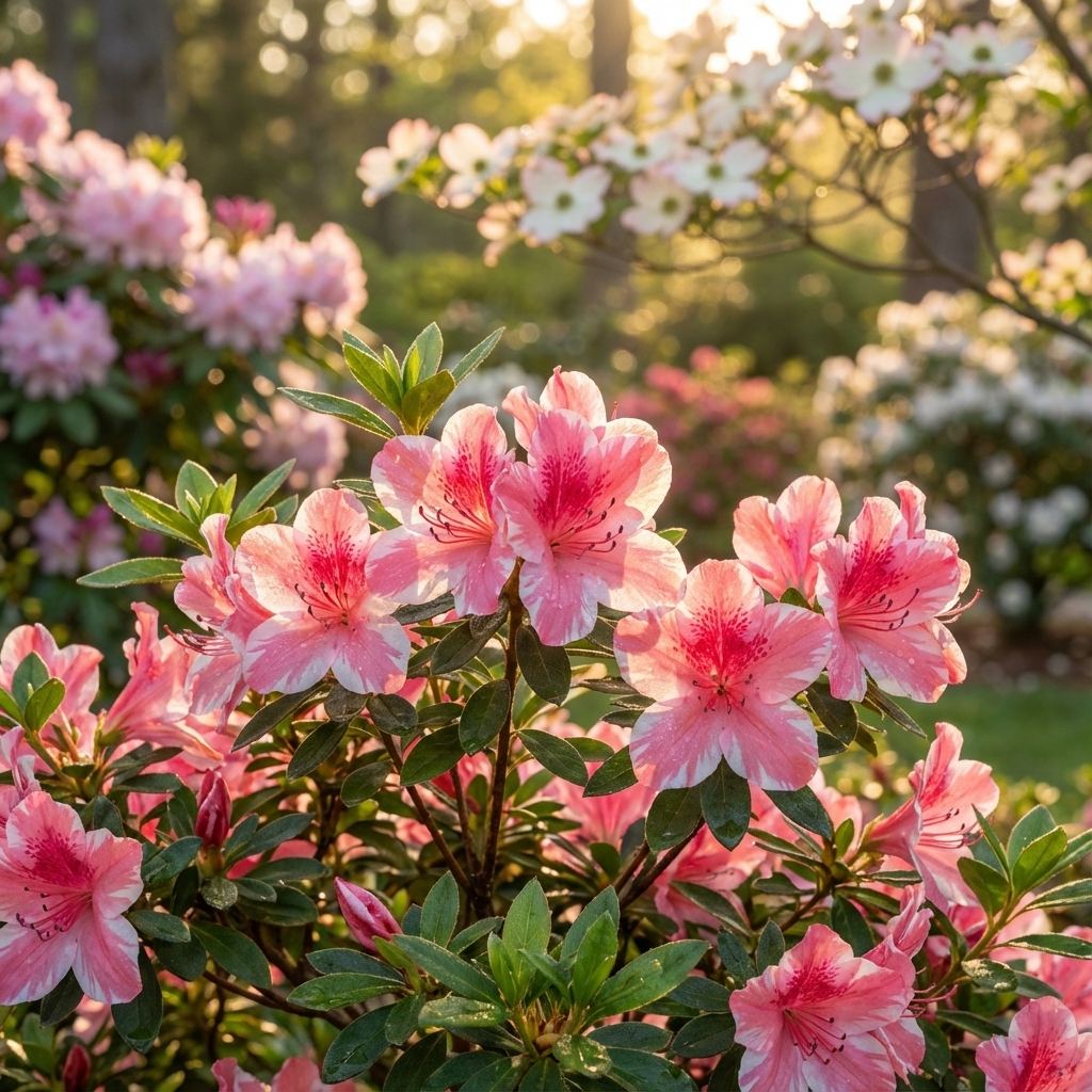 Dogwood Azalea (Azalea x hybrida 'Dogwood') displays pink and white blooms and green foliage, thriving in shade. These shade-tolerant flowers add serene beauty to gardens, their blossoms glowing softly in gentle sunlight.
