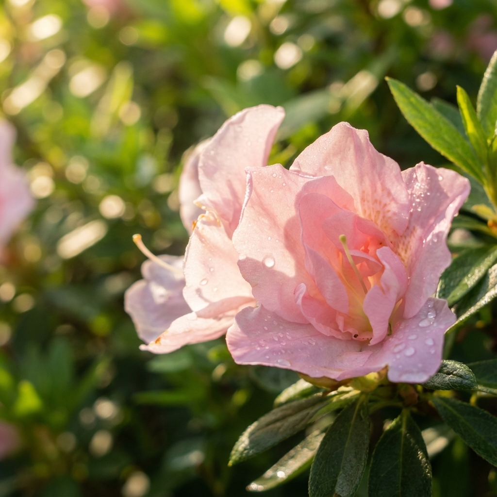 Close-up of a light pink Dreamtime Azalea - Azalea indica 'Dreamtime' flower with dew on its petals, surrounded by green leaves in sunlight. This evergreen variety is prized for delicate beauty and shade tolerance.