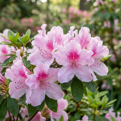 Cluster of light pink azalea flowers with darker pink centers and green leaves in a garden, featuring the Exquisite Indica Azalea - Azalea indica 'Exquisite', an evergreen shrub admired for its vibrant pink blooms.