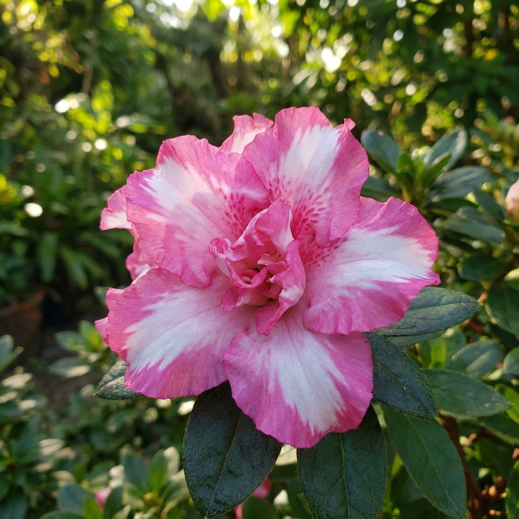 Gretel Azalea - Azalea indica 'Gretel', in full pink and white bloom with lush green leaves, stands out for its shade tolerance against a softly blurred foliage backdrop.