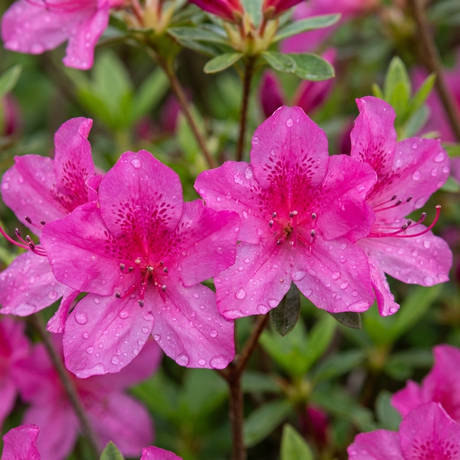 Purple Glitters Azalea (Azalea kurume 'Purple Glitters') features vibrant purple evergreen blooms with water droplets on the petals, beautifully set against lush green foliage.