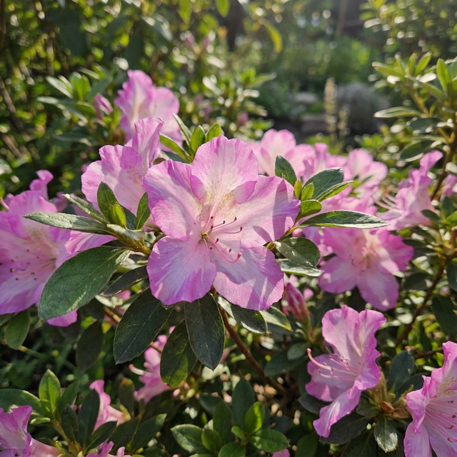 Rosa Belton Azalea - Azalea indica 'Rosa Belton' displays vibrant blooms among lush green leaves, thriving in shaded spots and adding brilliance to any garden.