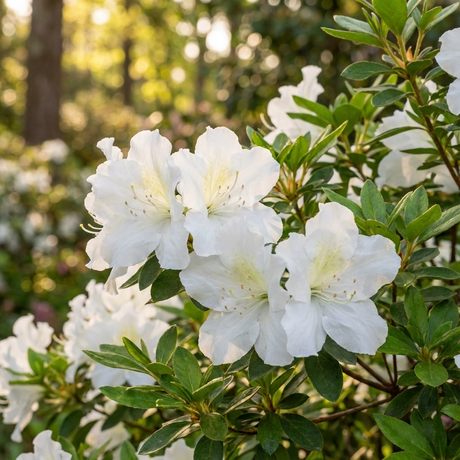 White Bouquet Azalea - Azalea indica 'White Bouquet' features beautiful white blooms on green bushes, thriving in shade and ideal for gardens with filtered sunlight.