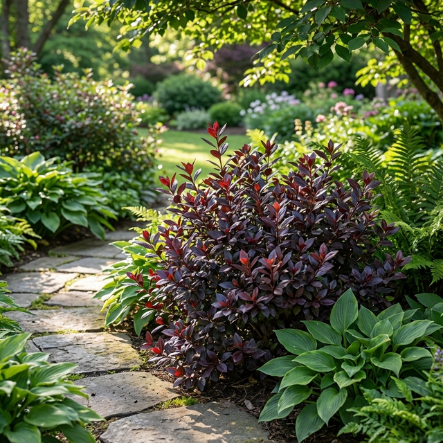 A stone path winds through a lush garden with green and burgundy foliage, highlighted by the purple blooms of the Shiraz Azalea (Azalea purpurea 'Shiraz'), an elegant evergreen shrub, on a sunny day.