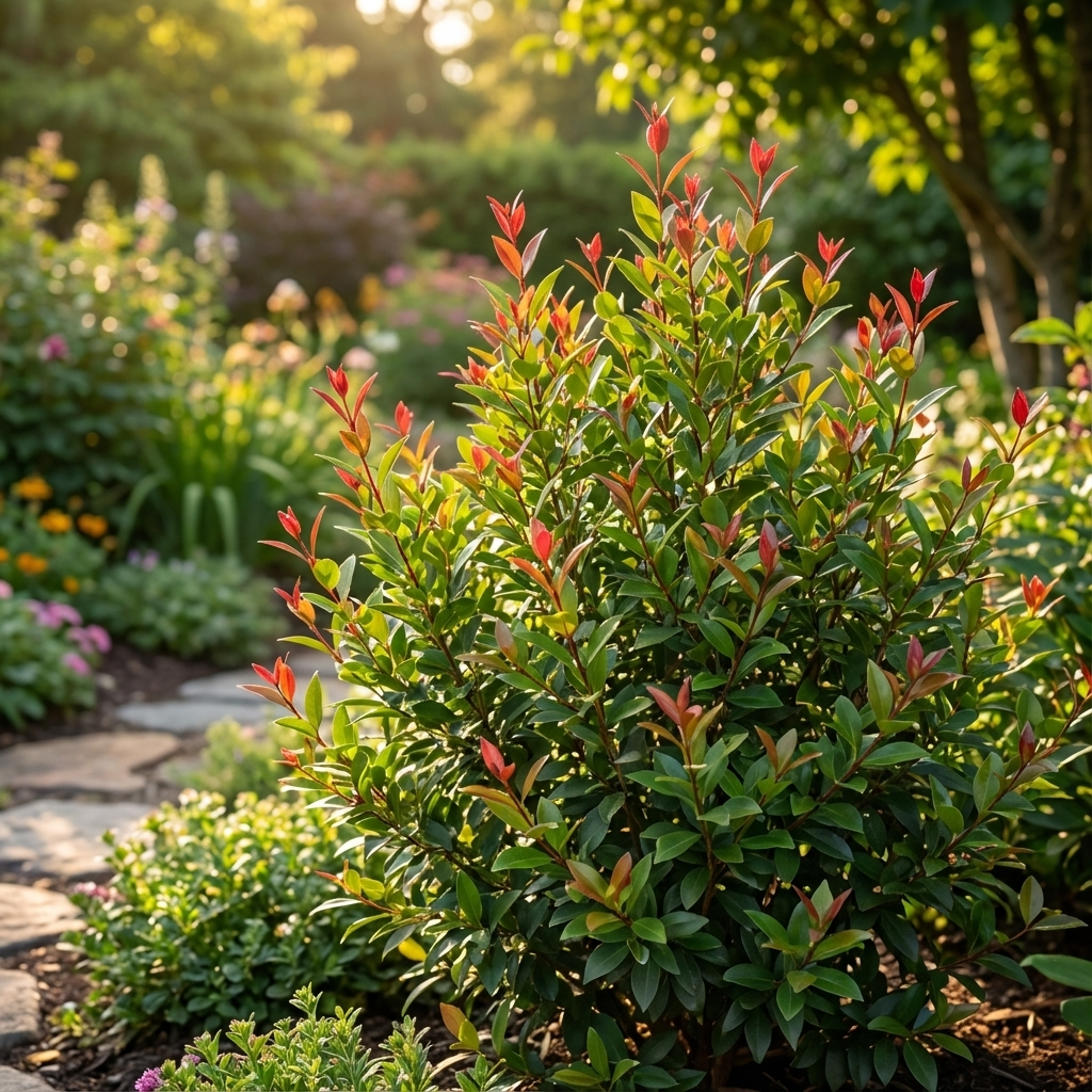 A sunlit garden showcases Baby Boomer Syzygium (Syzygium australe 'Baby Boomer') with red-tipped leaves beside a stone path and blooming flowers, creating a vibrant, low-maintenance hedge.