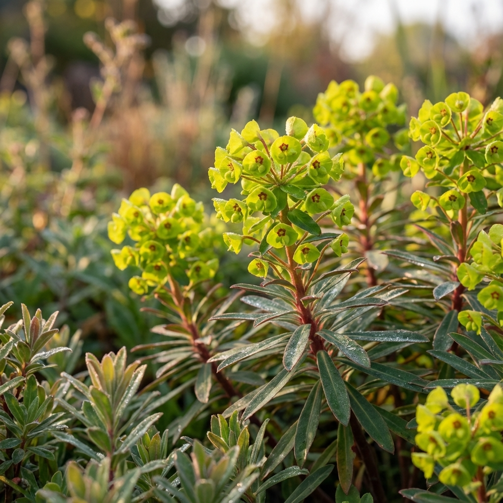 Drought-tolerant Euphorbia 'Baby Charm' forms an evergreen mound of green foliage with yellow-green flowers, perfect for a sunny garden.