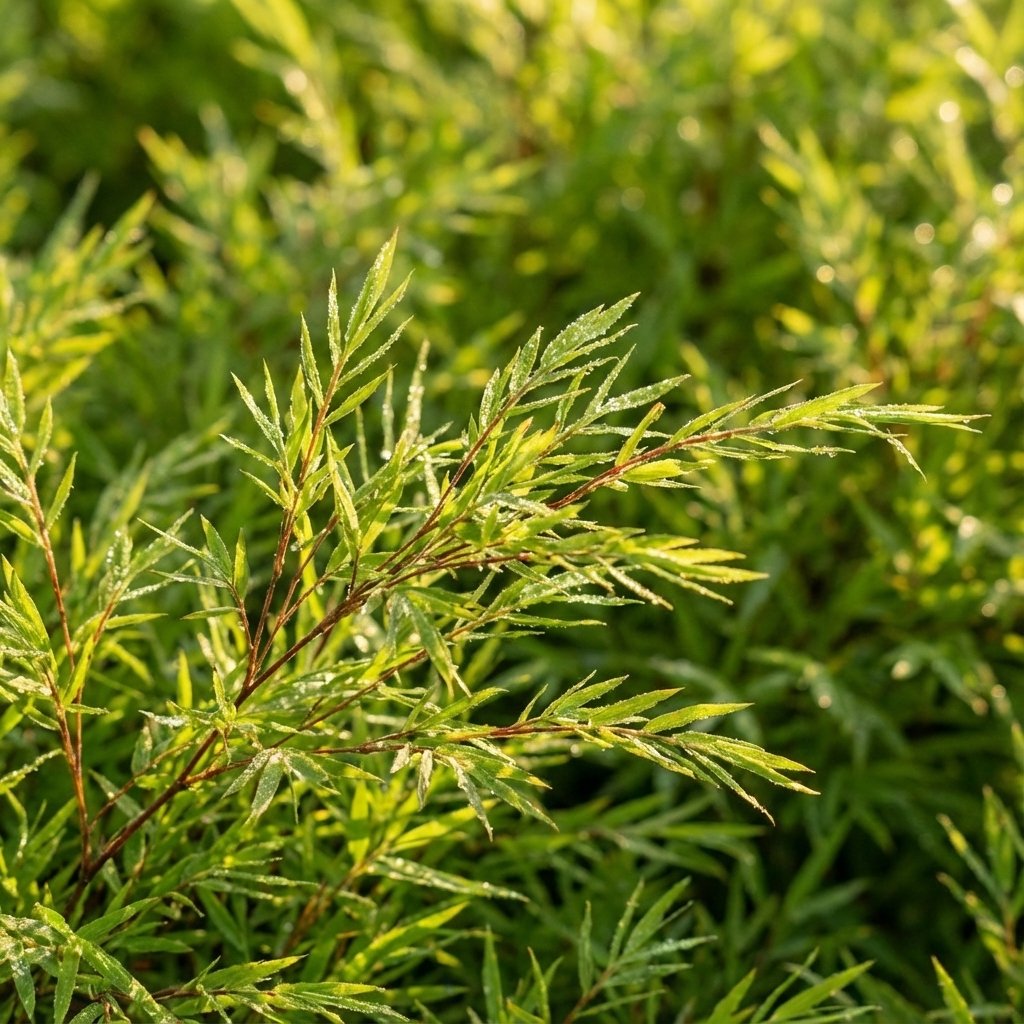 Close-up of green, slender, pointed leaves on Pogonatherum ceylonense (Baby Panda Bamboo), a compact, non-invasive bamboo perfect for bright indoor spaces.