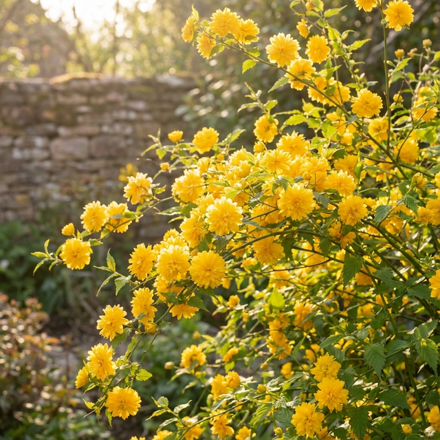Bachelor’s Buttons - Kerria japonica with yellow blooms on a green bush in sunlight, set against a stone wall.