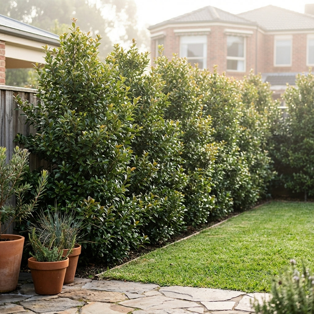 A neatly trimmed Backyard Bliss Lilly Pilly - Syzygium australe ‘Backyard Bliss’ hedge, an Australian native, lines the backyard fence for a lush privacy screen, complemented by potted plants on the stone patio and lawn.