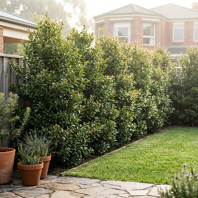 A neatly trimmed Backyard Bliss Lilly Pilly - Syzygium australe ‘Backyard Bliss’ hedge, an Australian native, lines the backyard fence for a lush privacy screen, complemented by potted plants on the stone patio and lawn.