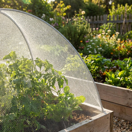 Vegetable plants in a raised garden bed are protected by the Backyard Farmer 2.5 x 2.5m x 5mm Anti Bird Net, ensuring crop safety while flowers and greenery flourish in the background.