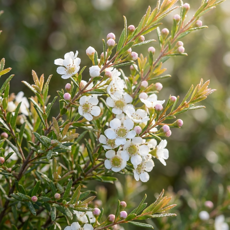 Small white flowers and pink buds on green leafy stems—Baeckea virgata ‘Compacta’ (Babingtonia virgata) is a charming native shrub, ideal for garden borders and bathed in soft sunlight.