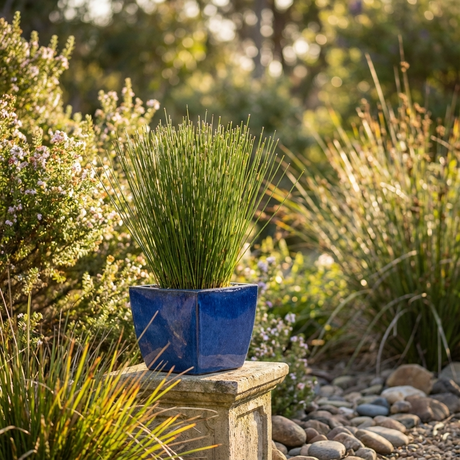 A blue pot with Baloskion – Tassel Cord Rush (Baloskion tetraphyllum), a striking wetland plant, sits on a stone bench in a sunny garden surrounded by rocks and green shrubs.