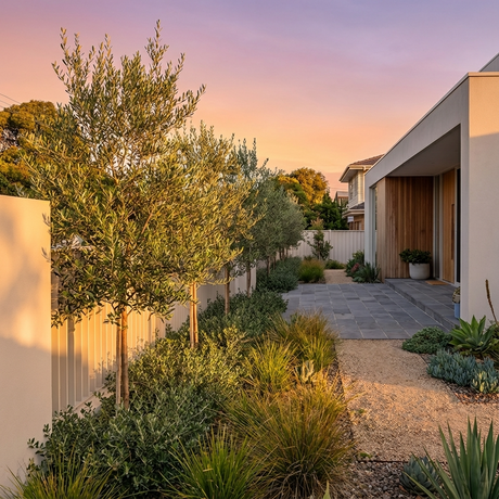 Modern house exterior at sunset with a landscaped yard and stone path, featuring Bambalina Olive - Olea europaea ‘Bambalina’, a compact evergreen olive tree that adds timeless elegance with its neat form and lush foliage.