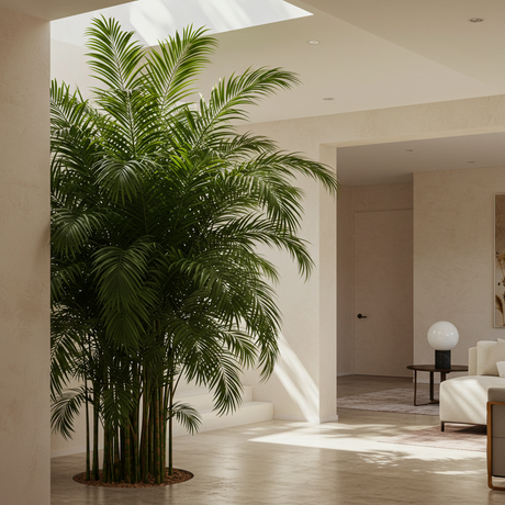 The Bamboo Palm Tree - Chamaedorea seifrizii is a low-maintenance, indoor air-purifying plant that brings fresh elegance to bright, modern living rooms with cream walls and minimal decor.