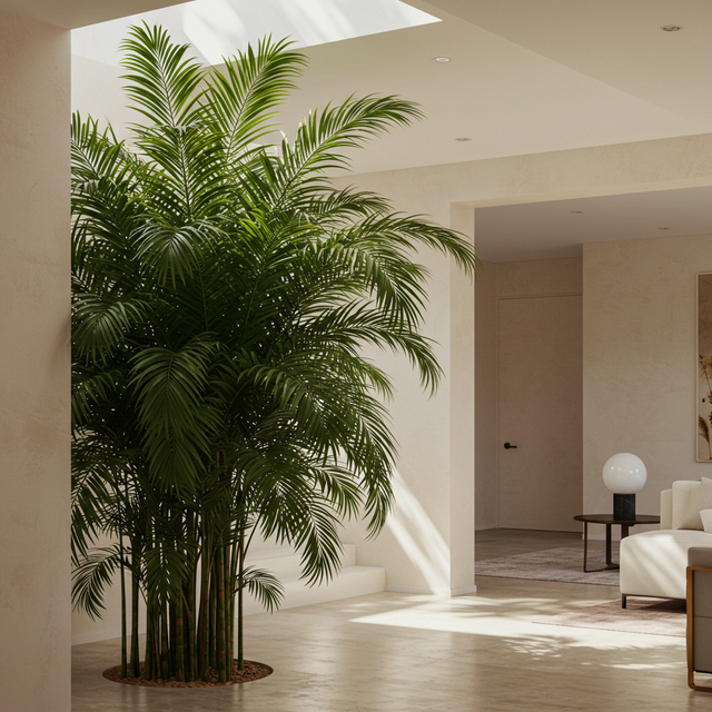 The Bamboo Palm Tree - Chamaedorea seifrizii is a low-maintenance, indoor air-purifying plant that brings fresh elegance to bright, modern living rooms with cream walls and minimal decor.