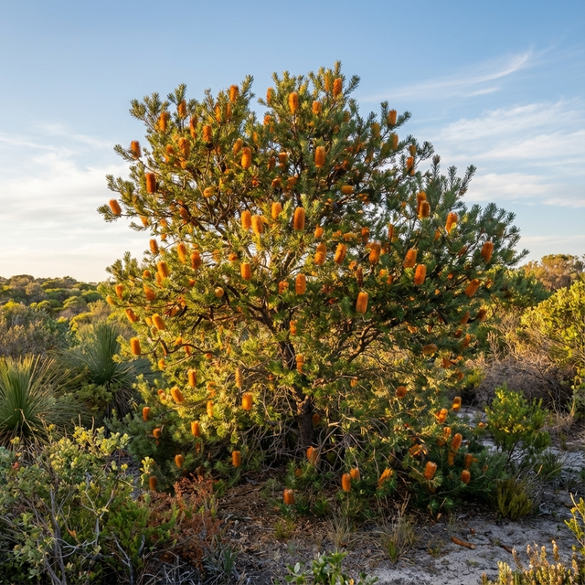 Banksia ‘Giant Candles’ (Banksia ericifolia × Banksia spinulosa) is a large, bushy plant featuring vibrant orange flower spikes, perfect for brightening up landscapes under sunny blue skies.