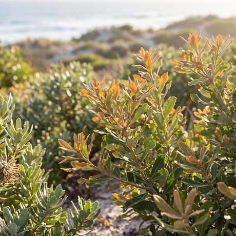 Banksia integrifolia ‘Roller Coaster’ displays its green and yellow foliage in the sun, with a blurred beach and ocean as the backdrop.