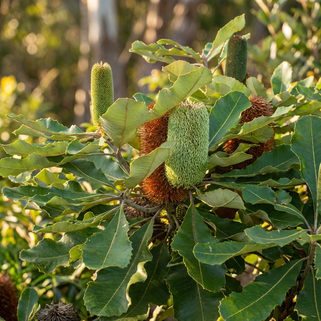 Close-up of Swamp Banksia (Banksia robur), an Australian native, featuring large green leaves and cylindrical flower spikes—both green and brown—in a wildlife garden.