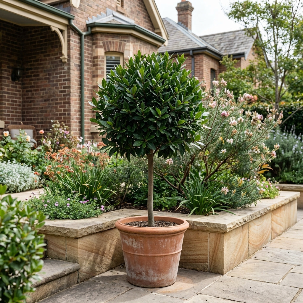Bay Leaf - Laurus nobilis topiary tree in a pot on a stone patio, placed in front of a brick house with a landscaped garden.
