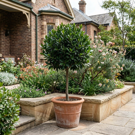 Bay Leaf - Laurus nobilis topiary tree in a pot on a stone patio, placed in front of a brick house with a landscaped garden.